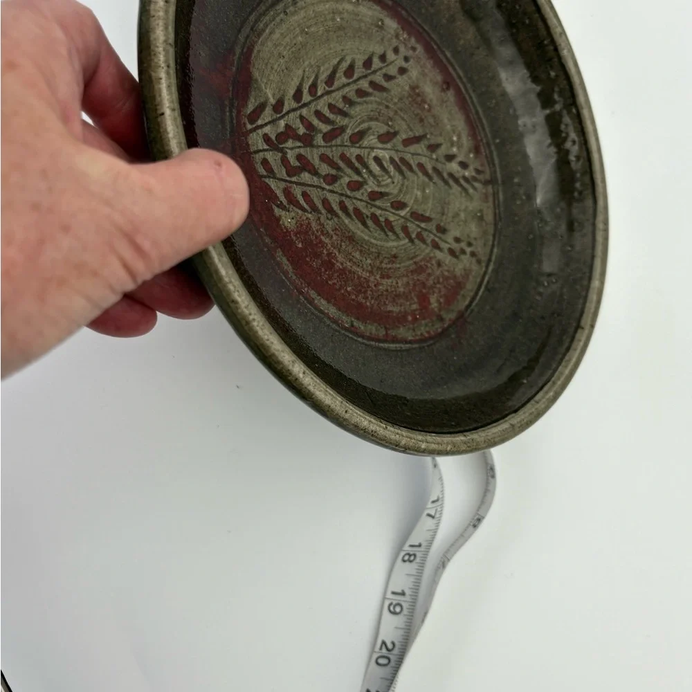 Signed Handcrafted Pottery  Plate with Dark Red Wheat Design on Gray-Green